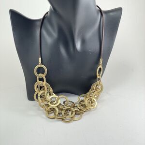 Joan Rivers  4 Strand Ring Bib Necklace 22 inch Gold Brown Leather Cord Vintage
